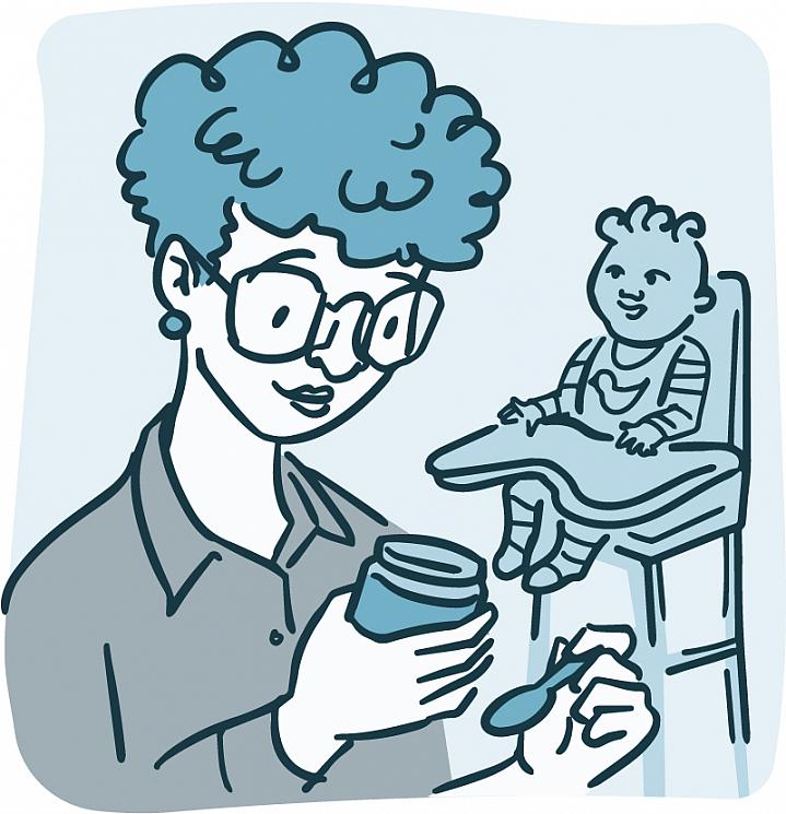 Illustration of mom reading ingredients on a jar of food while baby waits in high chair.
