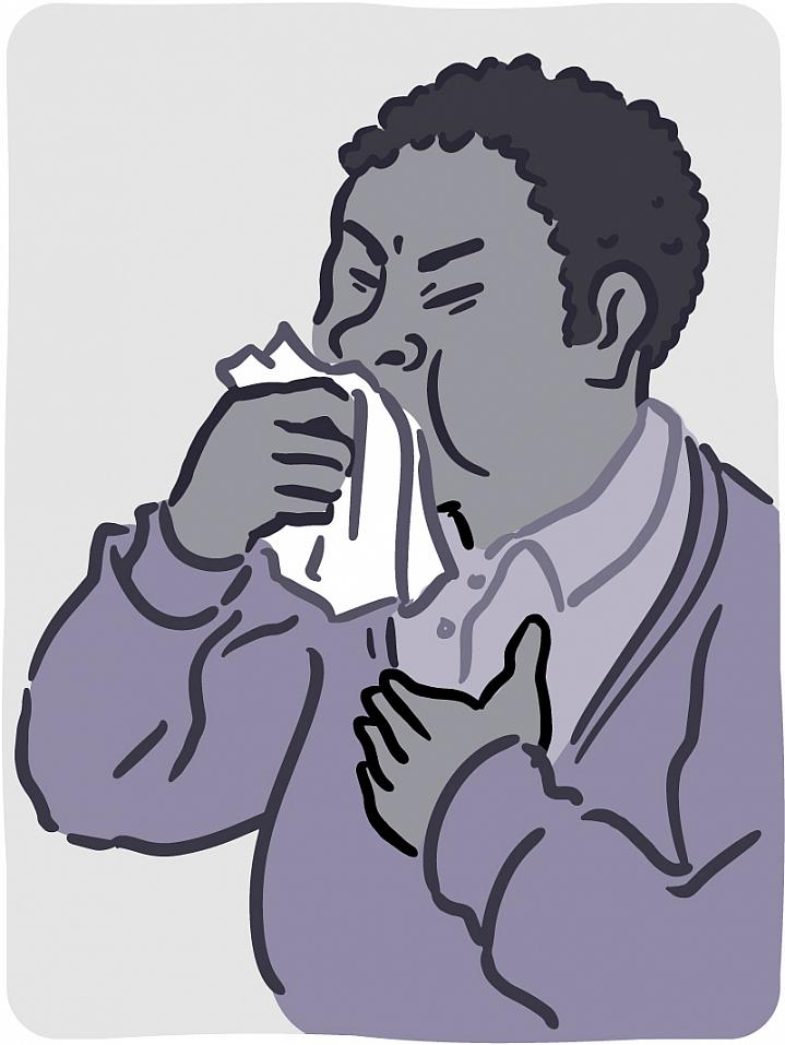 Illustration of man coughing into a tissue Illustration of man coughing into a tissue.