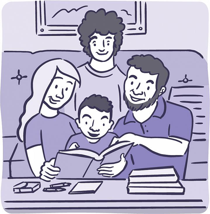 Illustration of family reading with child Illustration of family reading with child