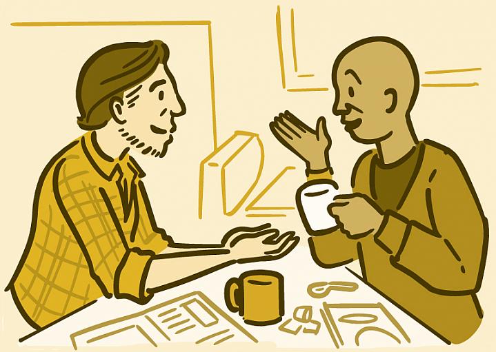 Illustration of two men having coffee and talking