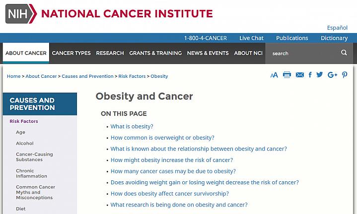 Screenshot of NCI obesity and cancer web page Screenshot of NCI obesity and cancer web page