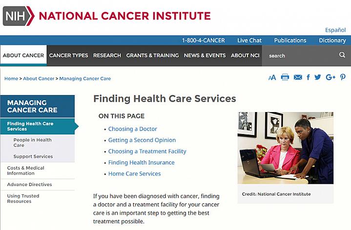 Screenshot of the finding cancer health care services website