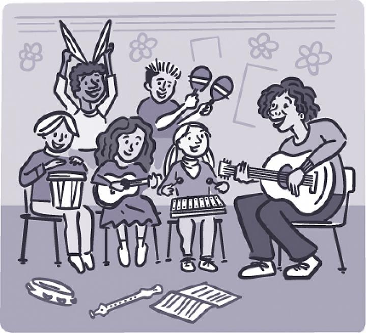 Illustration of kids playing music in a classroom.