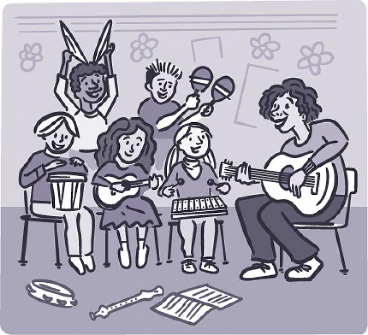 Illustration of kids playing music in a classroom. Illustration of kids playing music in a classroom.