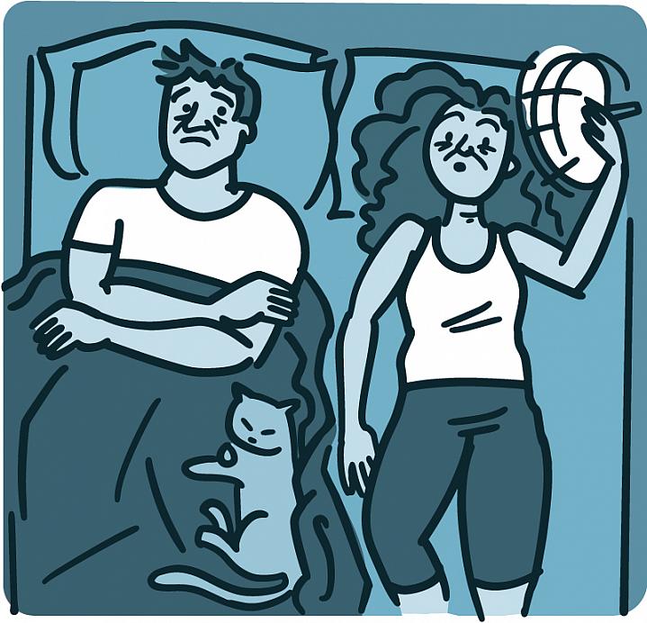 Illustration of a woman awake in bed with her husband and cat