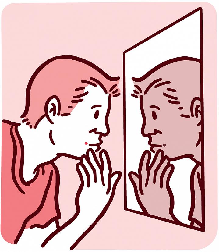 Illustration of a man looking in a mirror at a spot on his face