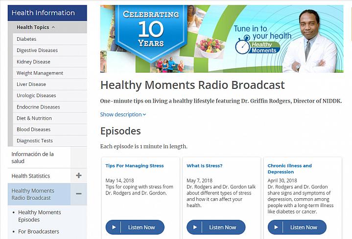 Screenshot of the healthy moments radio website