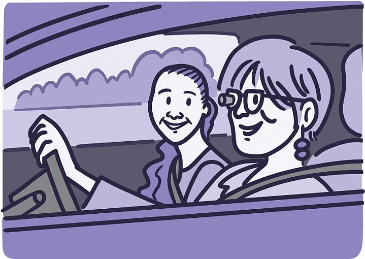 Illustration of a woman driving wearing a bioptic telescope Illustration of a woman driving wearing a bioptic telescope