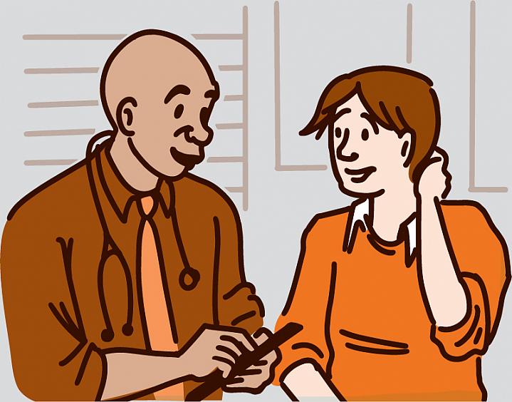 Illustration of a man holding his neck in pain while talking to a doctor Illustration of a man holding his neck in pain while talking to a doctor