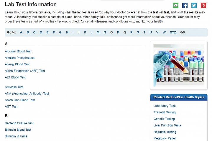 Screenshot of the lab test information website