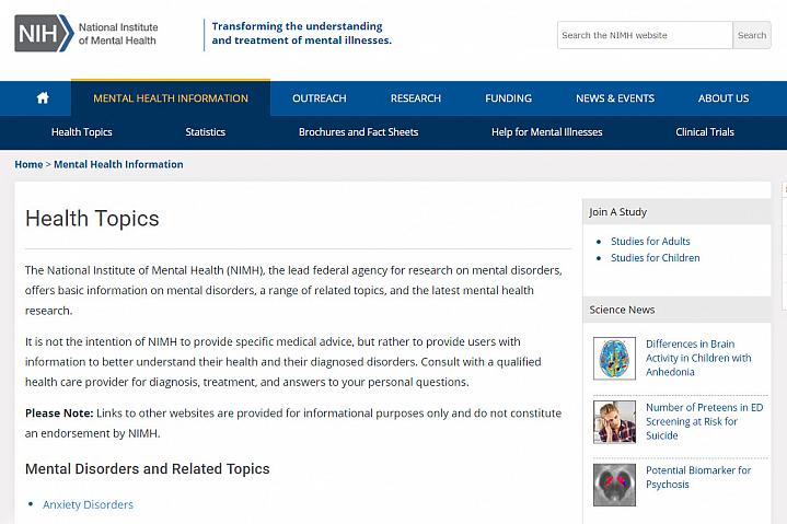 Screenshot of the NIMH website Screenshot of the NIMH website