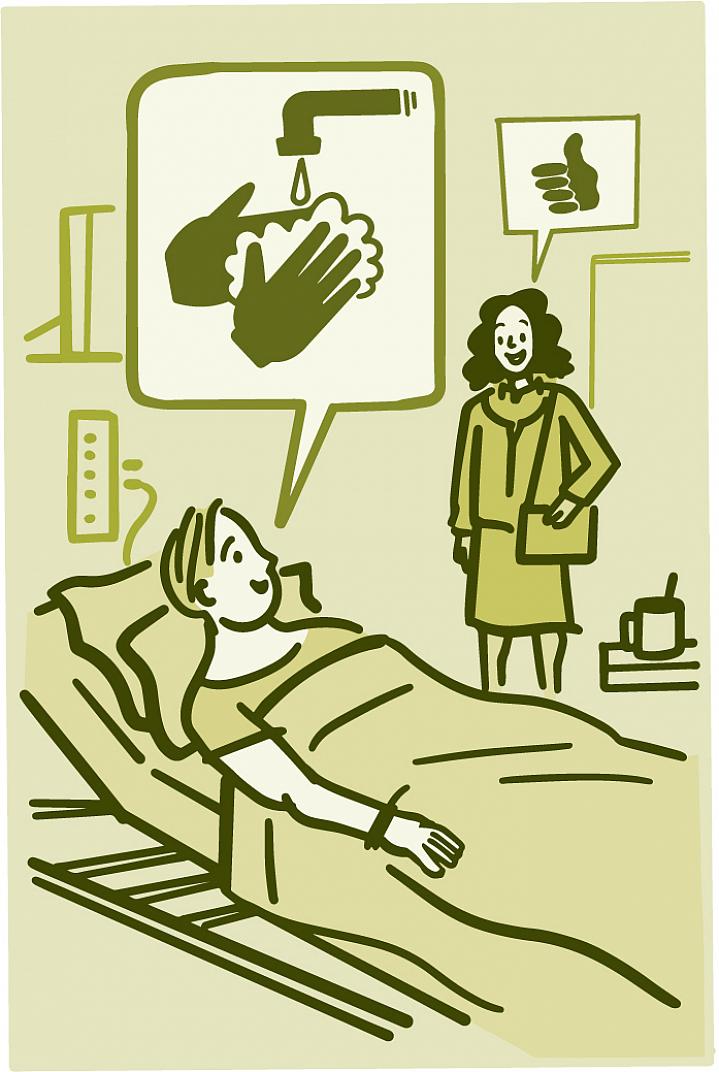 Illustration of a patient asking hospital visitor if they washed their hands Illustration of a patient asking hospital visitor if they washed their hands
