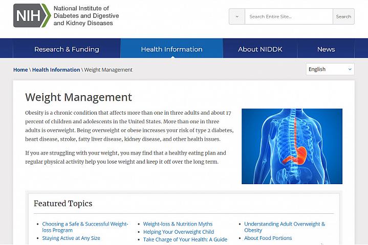 Screenshot of the weight management website Screenshot of the weight management website