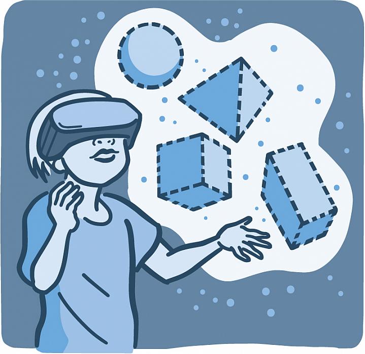 Illustration of a child using a virtual reality game to touch shapes Illustration of a child using a virtual reality game to touch shapes