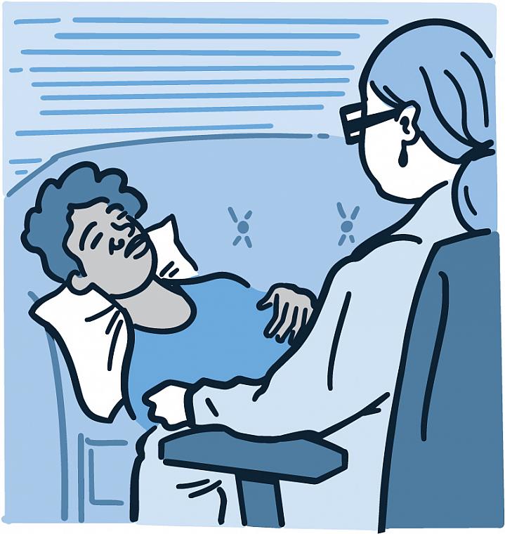 Illustration of a patient undergoing hypnosis by their health care provider Illustration of a patient undergoing hypnosis by their health care provider
