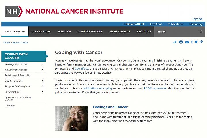 Screenshot of the coping with cancer website Screenshot of the coping with cancer website