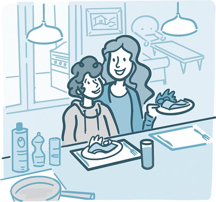 Illustration of a woman and child eating a healthy dinner
