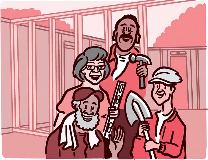 Illustration of older adults volunteering to build a house
