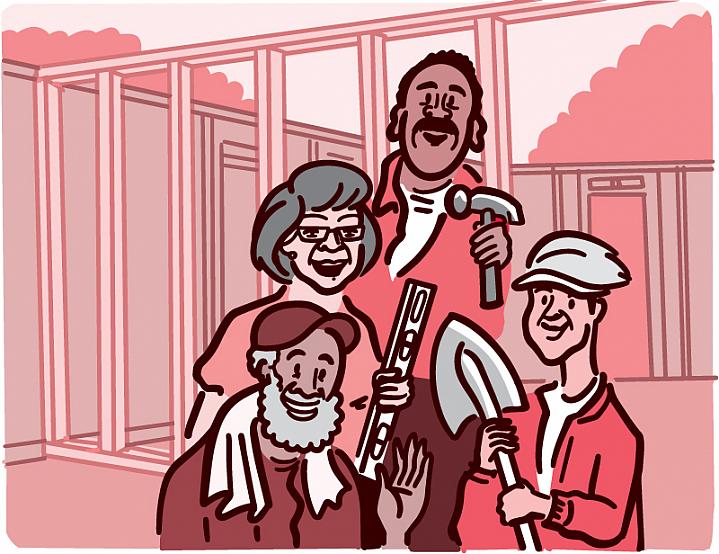 Illustration of older adults volunteering to build a house Illustration of older adults volunteering to build a house