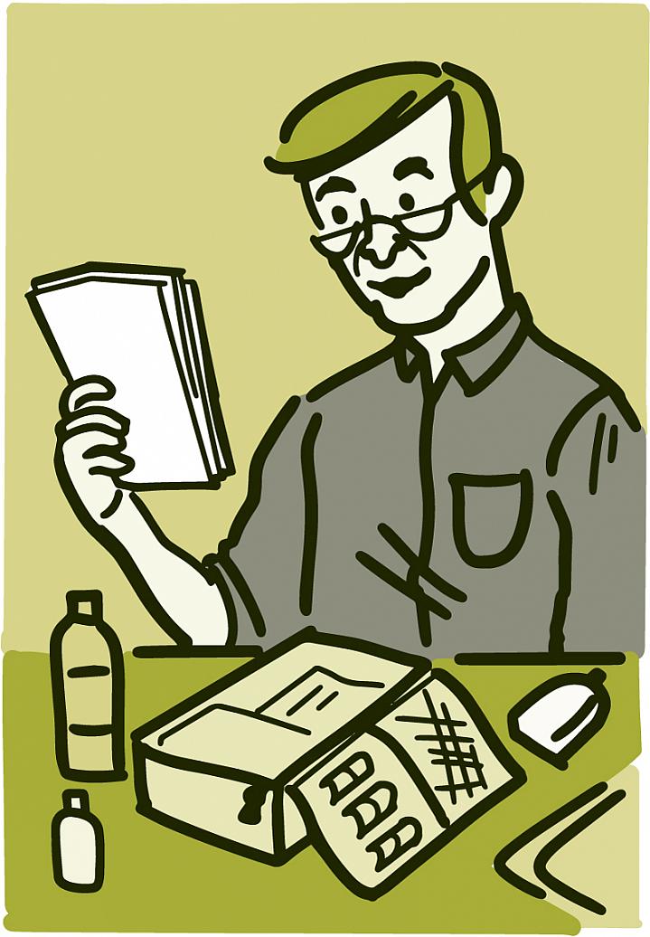 Illustration of a man putting together an emergency kit with medical supplies Illustration of a man putting together an emergency kit with medical supplies