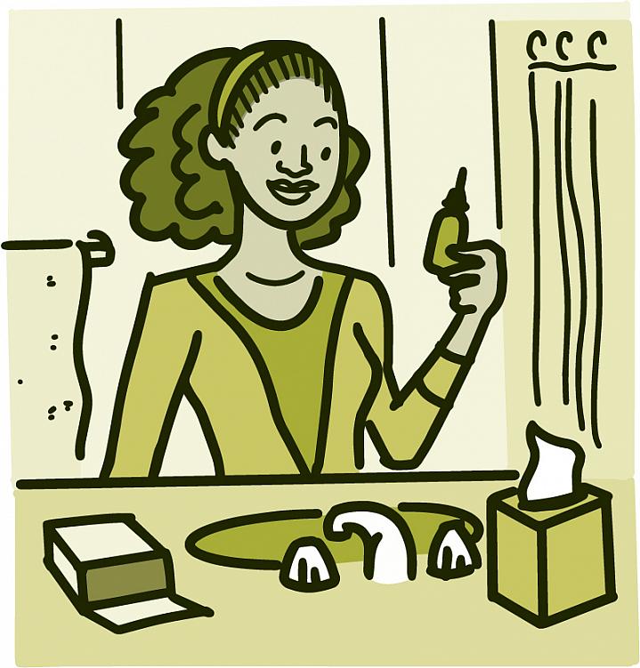 Illustration of a woman looking at a saline rinse bottle over the bathroom sink
