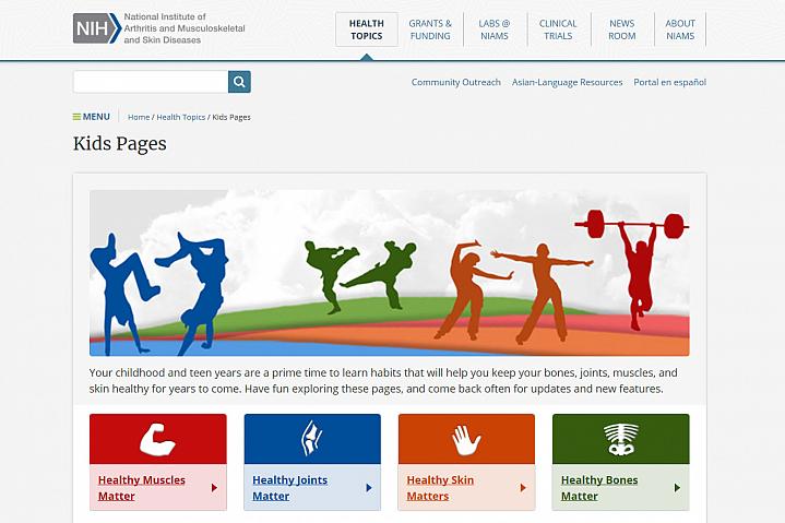 Screenshot of the bone, joint, muscle, and skin health for kids website Screenshot of the bone, joint, muscle, and skin health for kids website