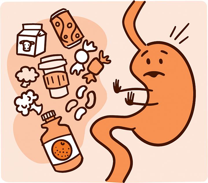 Illustration of a stomach saying no to different foods Illustration of a stomach saying no to different foods
