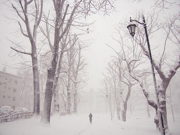 Person walking down a street filled with snow Person walking down a street filled with snow