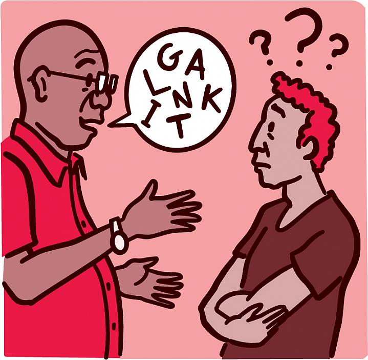 Illustration of a person confused over what their friend is saying Illustration of a person confused over what their friend is saying