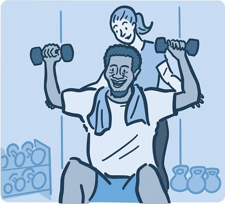 Illustration of a man lifting weights with a personal trainer