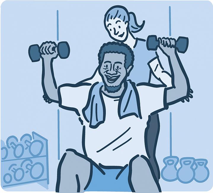 Illustration of a man lifting weights with a personal trainer Illustration of a man lifting weights with a personal trainer