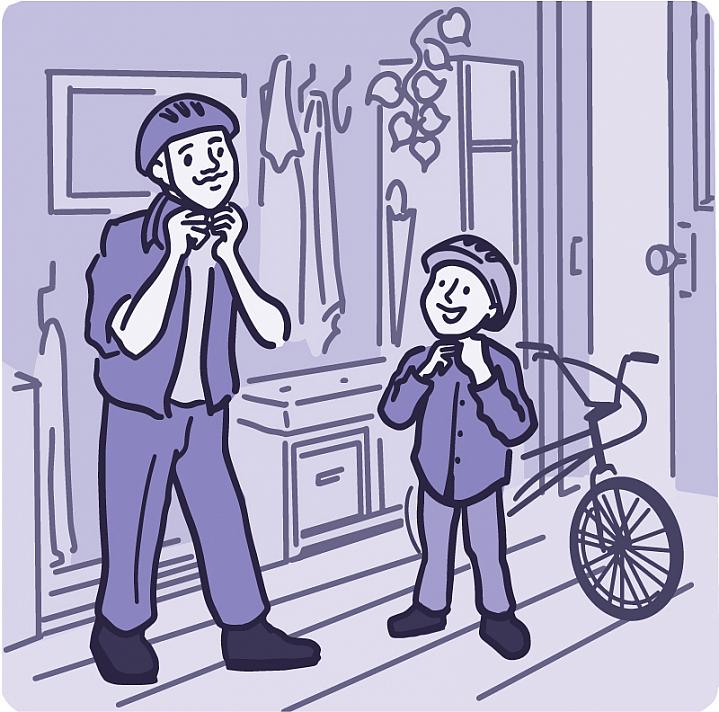 Illustration of a father and son putting on biking helmets
