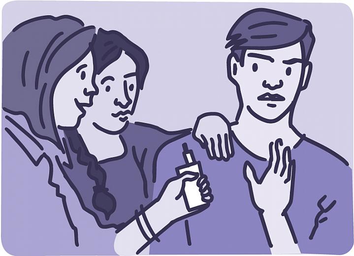 Illustration of a teenager saying no to friends offering him an electronic cigarette Illustration of a teenager saying no to friends offering him an electronic cigarette