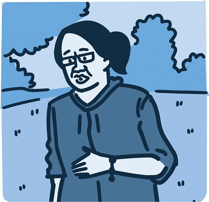 Illustration of a woman having trouble breathing while walking outside