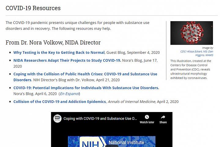 Screenshot of the COVID-19 and addiction resources website