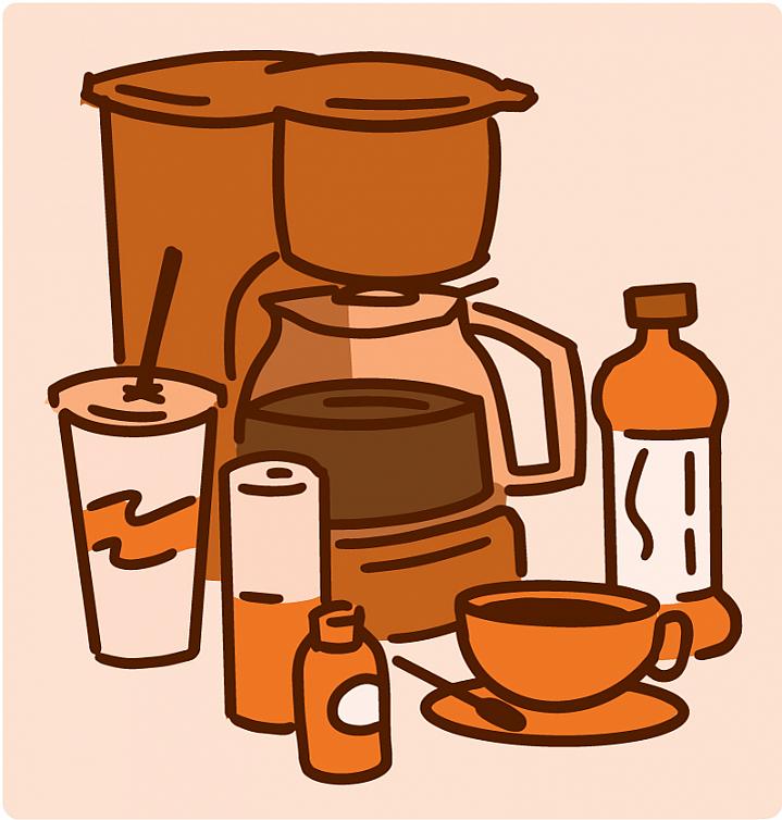 Illustration of products containing caffeine, including coffee and tea
