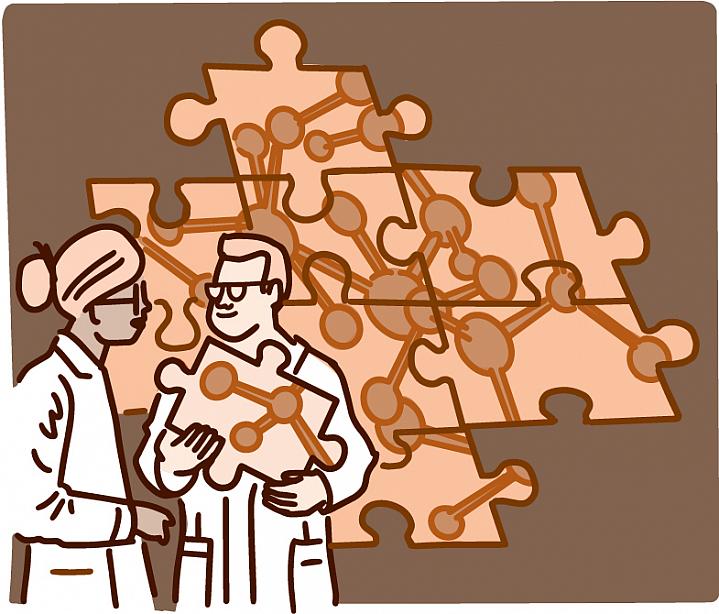 Illustration of two scientists talking in front of a puzzle of a complex molecule Illustration of two scientists talking in front of a puzzle of a complex molecule
