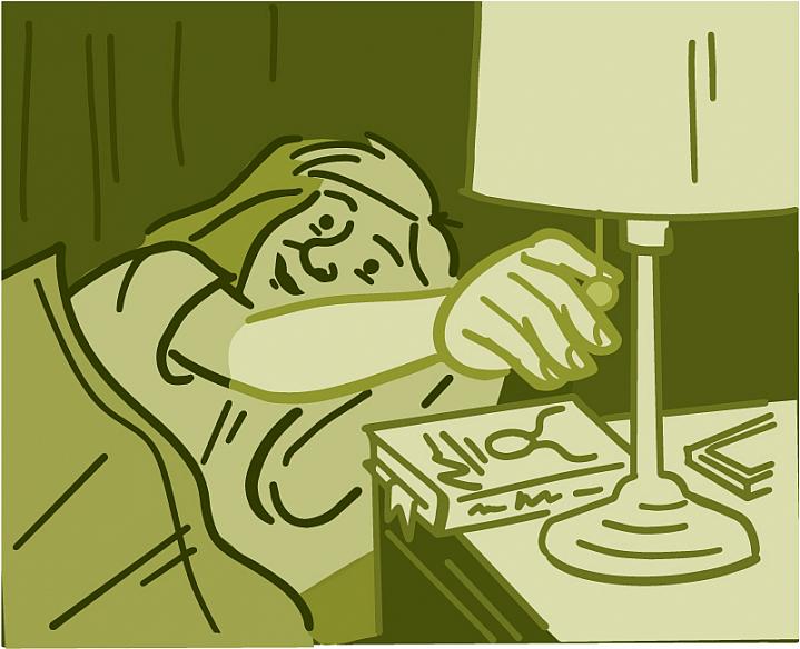 Illustration of man shutting off light and getting in bed Illustration of man shutting off light and getting in bed