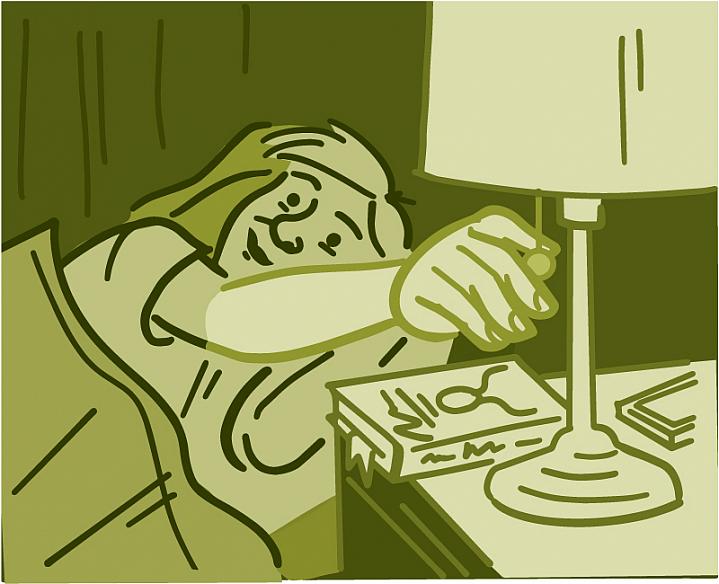 Illustration of man shutting off light and getting in bed