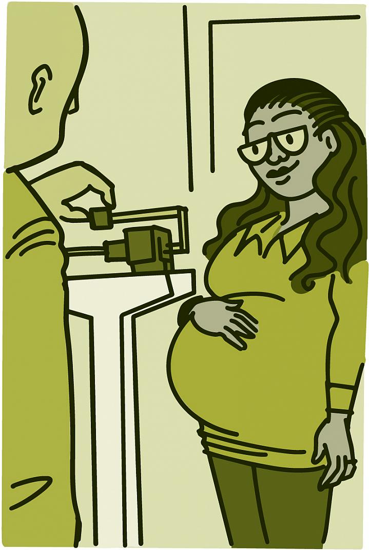 Illustration of a pregnant woman having her weight checked Illustration of a pregnant woman having her weight checked