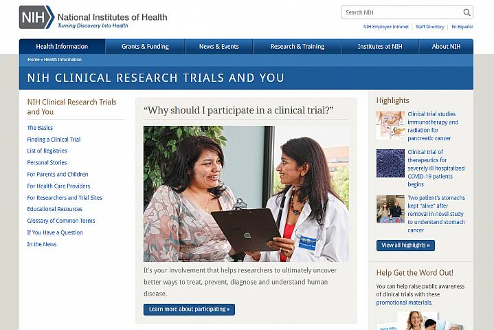 Screenshot of the NIH Clinical Trials and You website Screenshot of the NIH Clinical Trials and You website