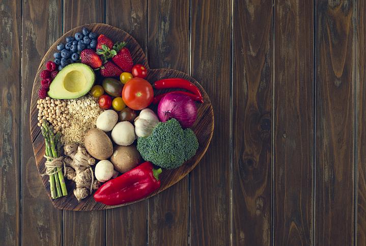 Healthy foods on a heart-shaped platter