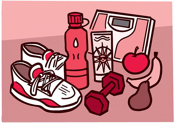 Illustration of a scale, sunscreen, exercise gear, and fruit Illustration of a scale, sunscreen, exercise gear, and fruit