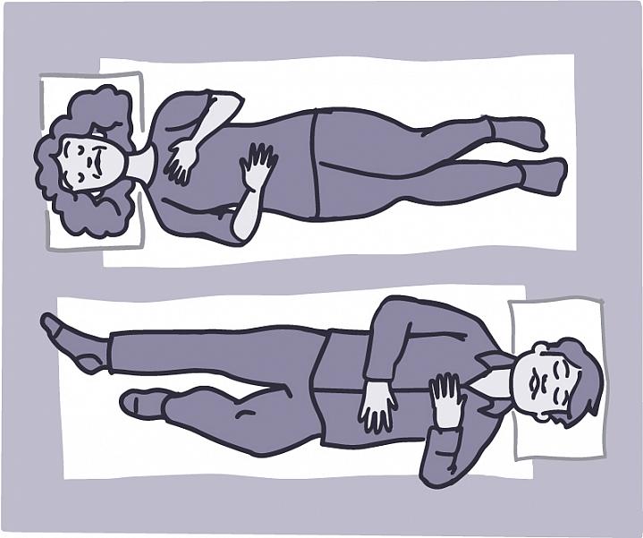 Illustration of a man and woman laying on the floor with one hand on their chest and the other on their belly