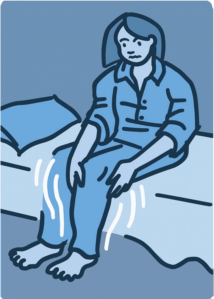 Illustration of a woman sitting on the edge of her bed with restless legs Illustration of a woman sitting on the edge of her bed with restless legs