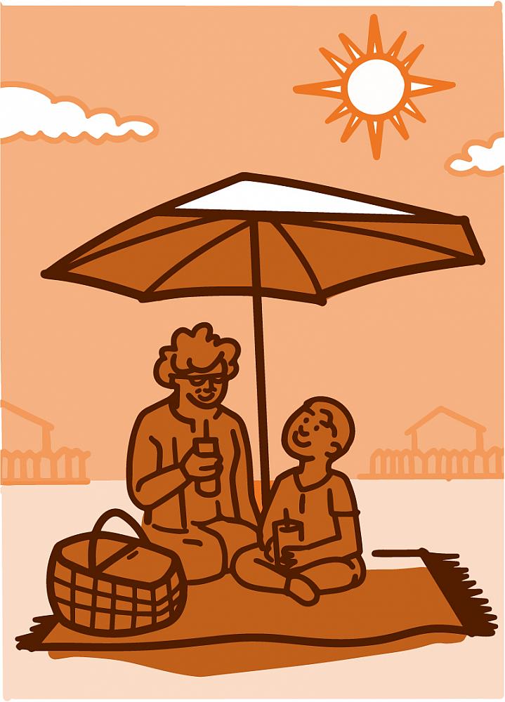Illustration of a grandparent with their grandchild picnicking under an umbrella Illustration of a grandparent with their grandchild picnicking under an umbrella