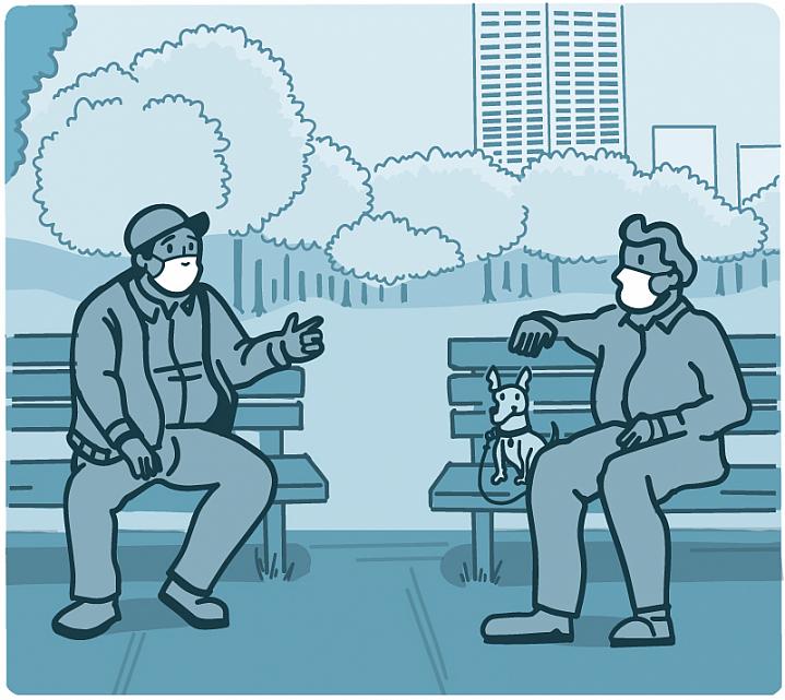 Illustration of two men wearing masks while sitting on park benches six feet apart Illustration of two men wearing masks while sitting on park benches six feet apart