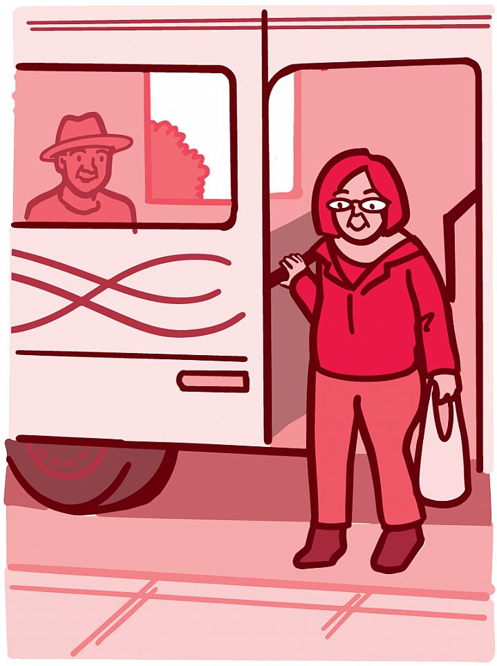 Illustration of an older adult getting off the bus Illustration of an older adult getting off the bus