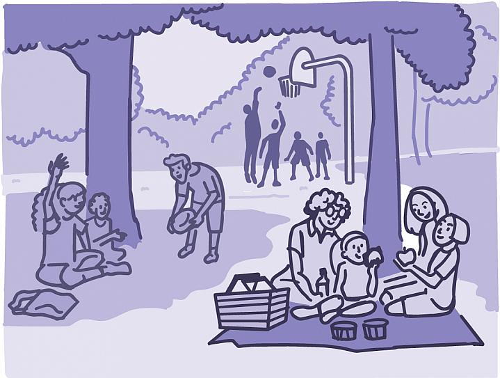 Illustration of families and friends being active together at a park Illustration of families and friends being active together at a park