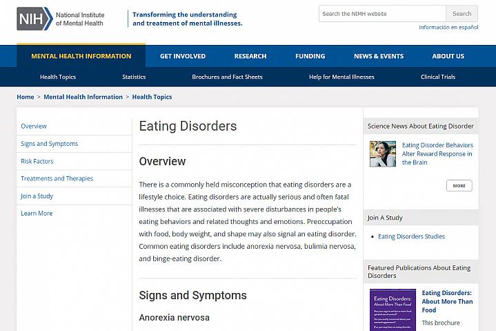 Screenshot of the eating disorders website